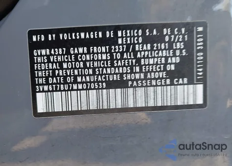 2021 Volkswagen Jetta Gli 2.0T Autobahn/2.0T S from USA, damaged, VIN 3VW6T7BU7MM070539